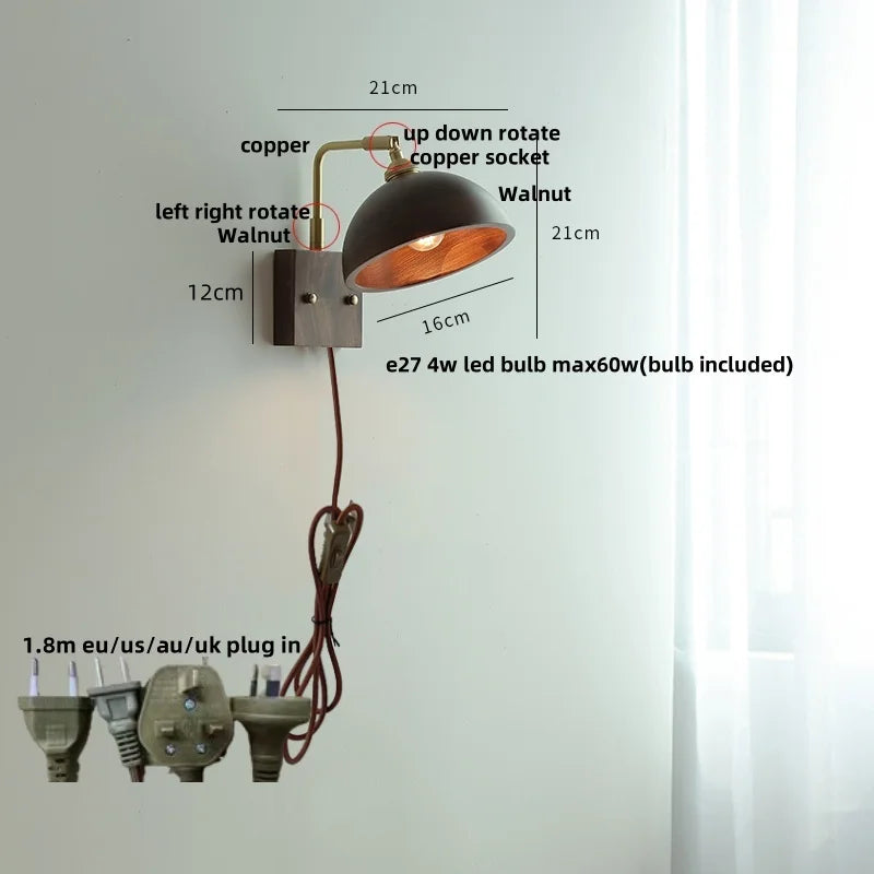 DecorBites™ Copper LED Wall Light Sconce Pull Chain Switch Rotatable Bedside Lamp
