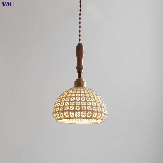 DecorBites™ Ceramic LED Pendant Lights with Vintage Ash Wood Handle for Home Decor