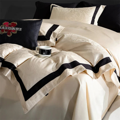 Decobites Champagne Gold Satin Jacquard Cotton Bedding Set - 4Pcs