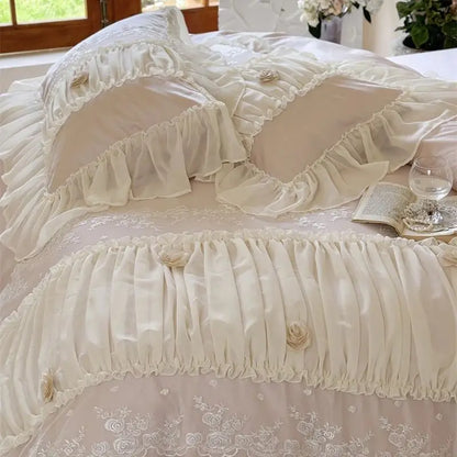 Decobites Rose Lace Ruffles Princess Wedding Bedding Set with 1000TC Egyptian Cotton