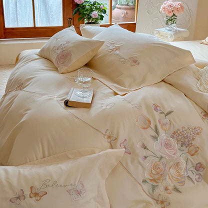 Decobites Rose Flowers Embroidery Cotton Bedding Set - Single Queen King Size