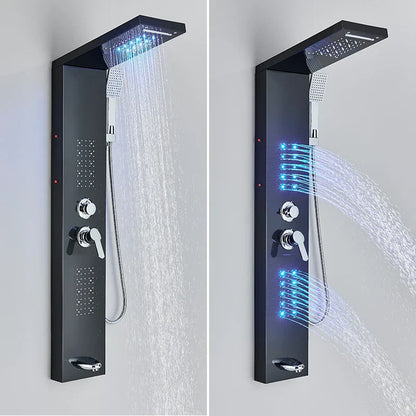 Panel de grifo de ducha DecorBites™ negro con LED, sistema de lluvia tipo cascada y caño de hidromasaje.