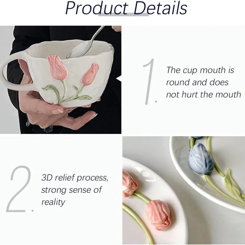 Taza de café de cerámica DecorBites™ con tulipán en relieve 3D - Taza de flor irregular hecha a mano