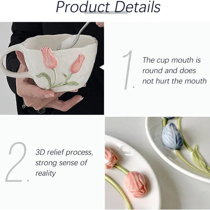 Taza de café de cerámica DecorBites™ con tulipán en relieve 3D - Taza de flor irregular hecha a mano