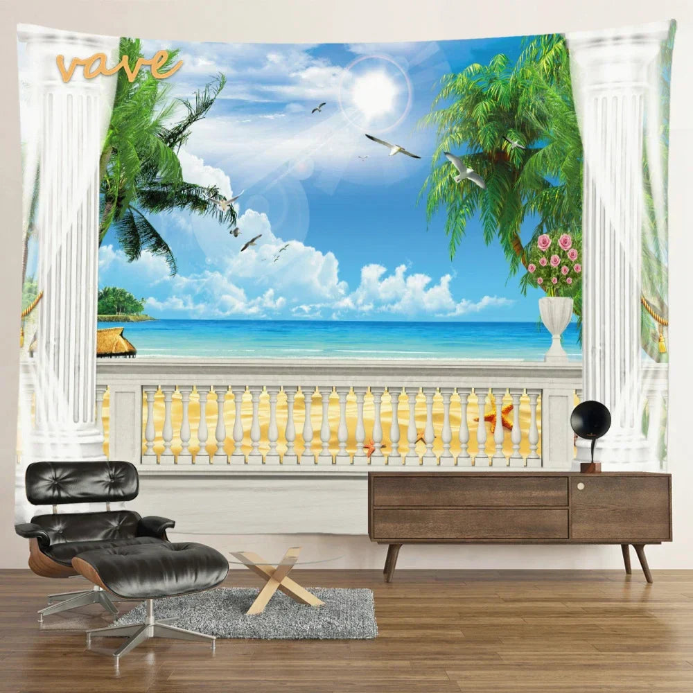 Scenic Sunset Palm Tree Tapestry by Decobites - Boho Beach Landscape Bedroom Decor