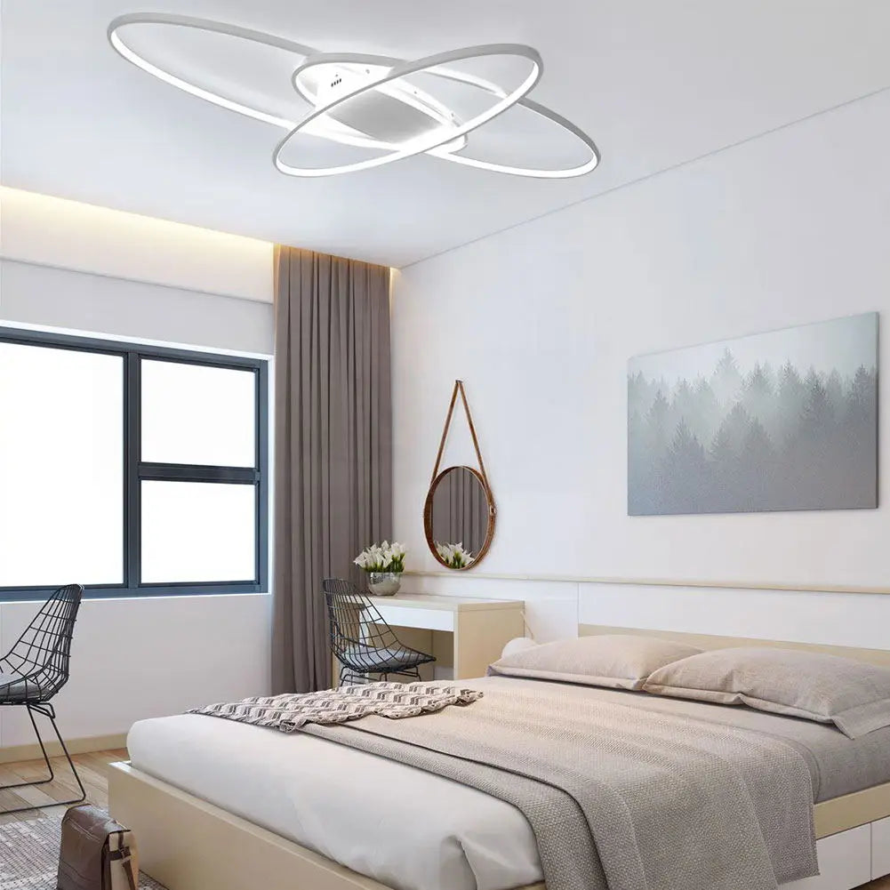 Modern Black/White 3 Staggered Long Ellipses LED Ceiling Light with Remote Control for Dining Room Bedroom