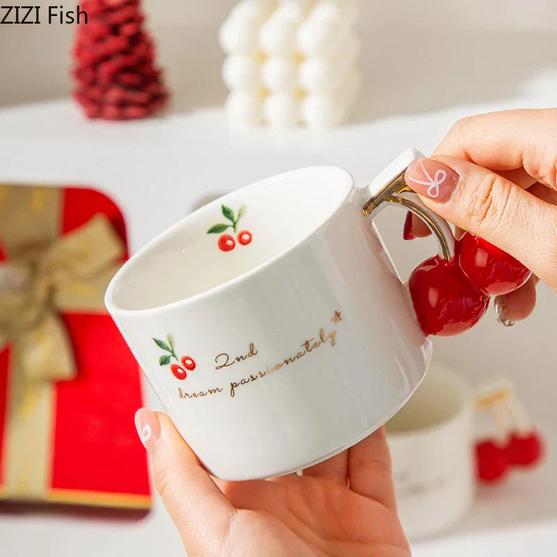 DecorBites™ Cherry Pattern Porcelain Coffee Mug, Gilded Edge Teacup for Afternoon Tea & Juice
