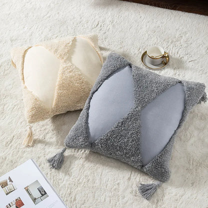 Funda de cojín DecorBites™ Boho con mechones y bordados en lona de algodón, gris y beige con borlas