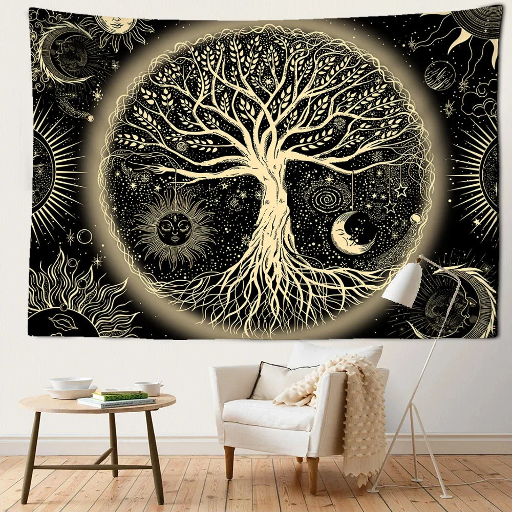 Yellow Sun Moon Life Tree Tapestry Wall Hanging Decobites Abstract Bohemian Aesthetics Home Decor