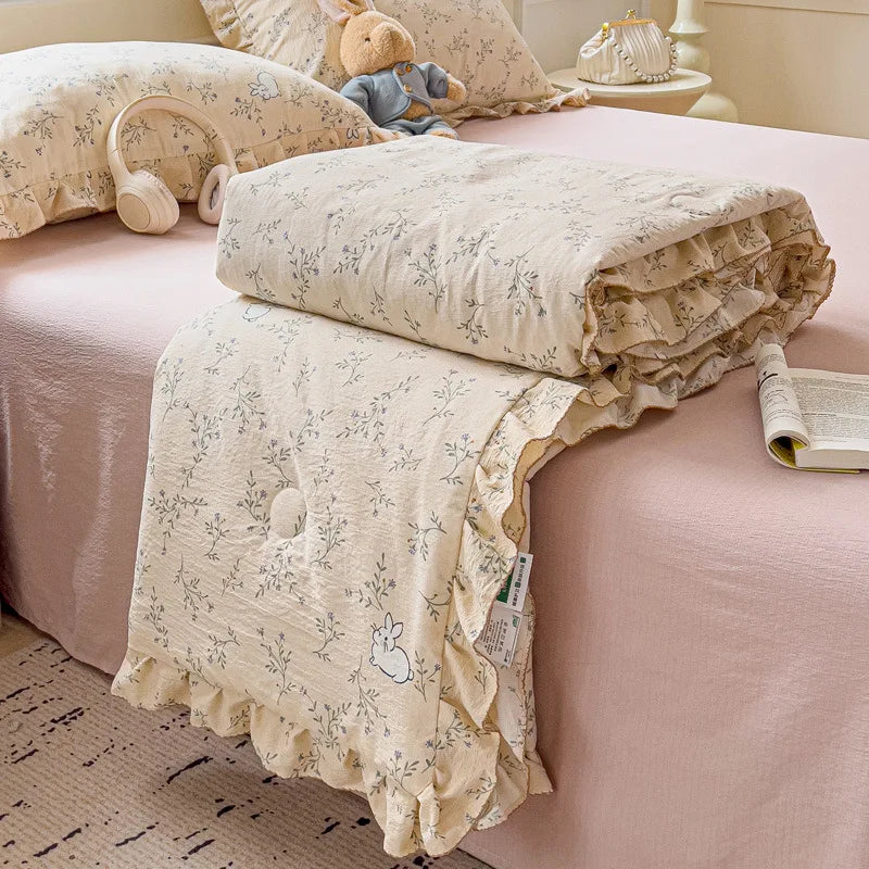 DecorBites™ Korean Cotton Patchwork Quilt with Lace and Ruffle for Summer
