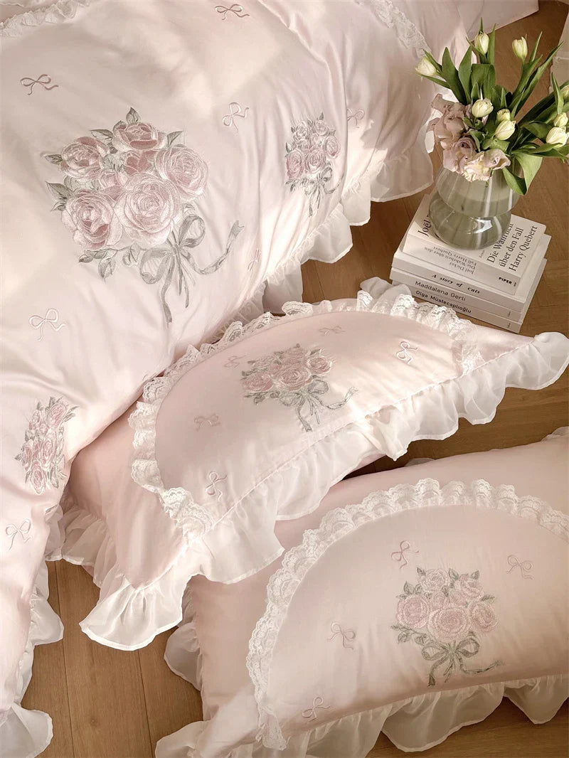 Decobites Pink Rose Embroidered Lace Ruffles Bedding Set for Girls