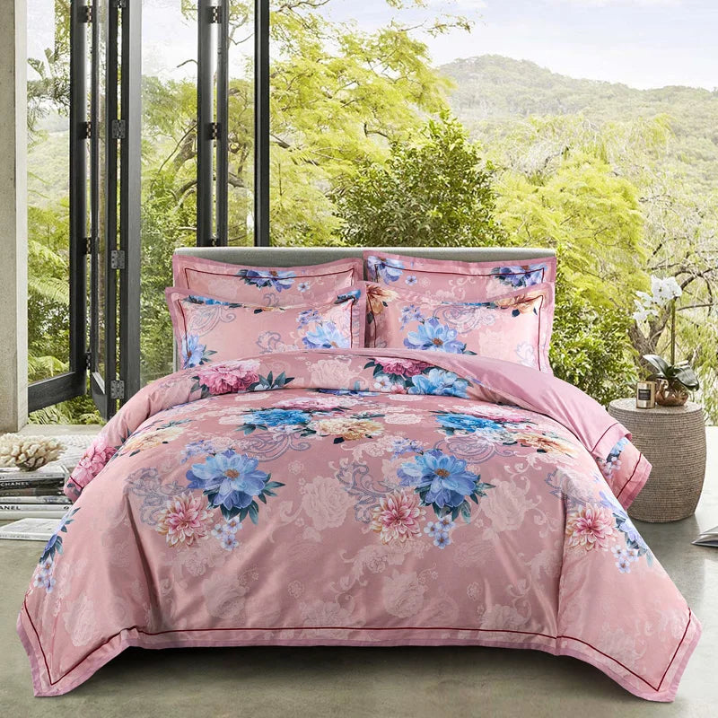 Decobites Vintage Floral Jacquard Cotton Wedding Bedding Set with Duvet Cover, Sheet, Pillowcases