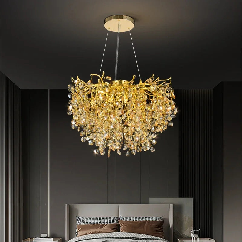 DecorBites™ Golden Dendrite Crystal LED Ceiling Chandelier - Luxe Living Room Lighting