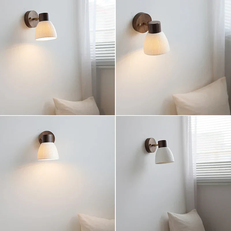 Lámpara de pared LED DecorBites™ moderna nórdica giratoria para lectura, cerámica blanca y madera.