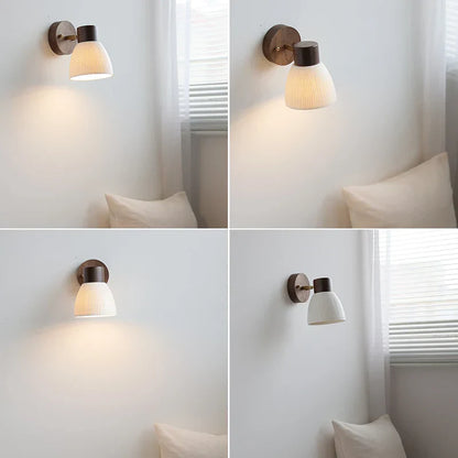 Lámpara de pared LED DecorBites™ moderna nórdica giratoria para lectura, cerámica blanca y madera.