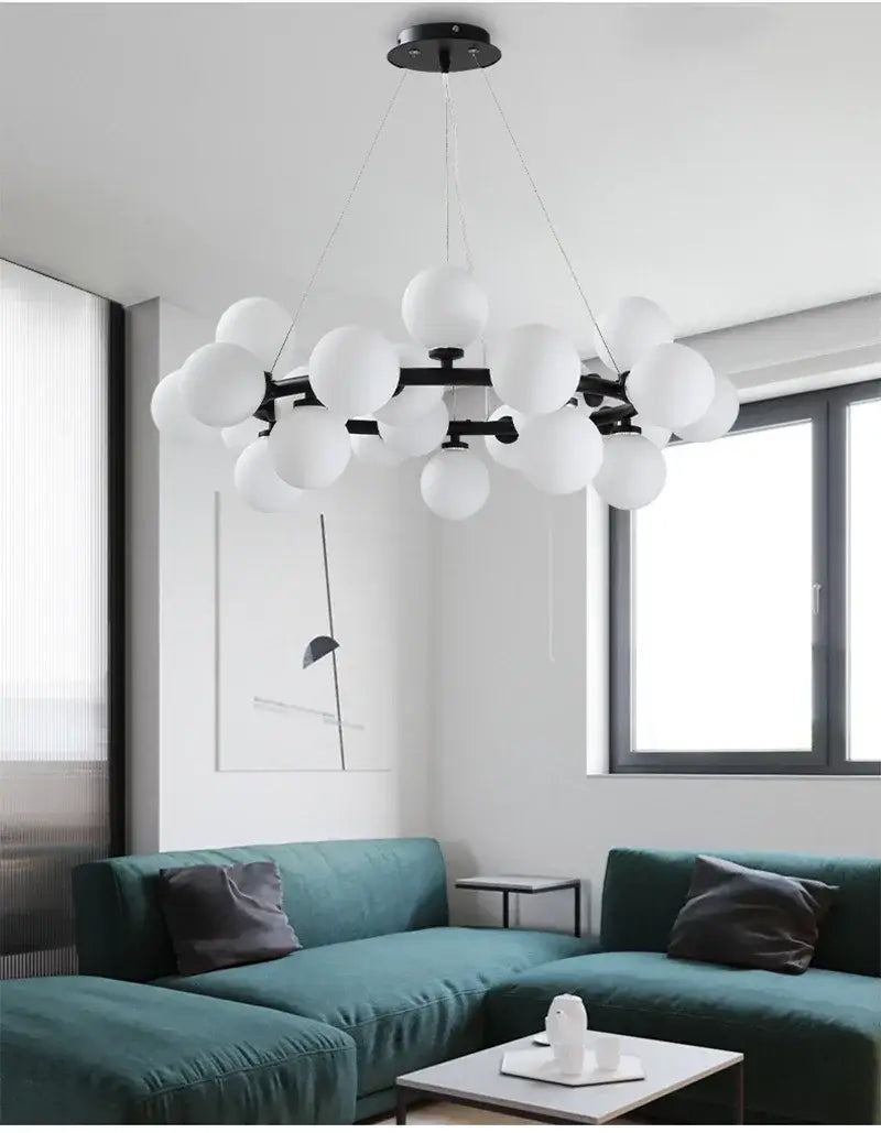 DecorBites™ Contemporary Black and Gold Chandelier - White Glass Ball