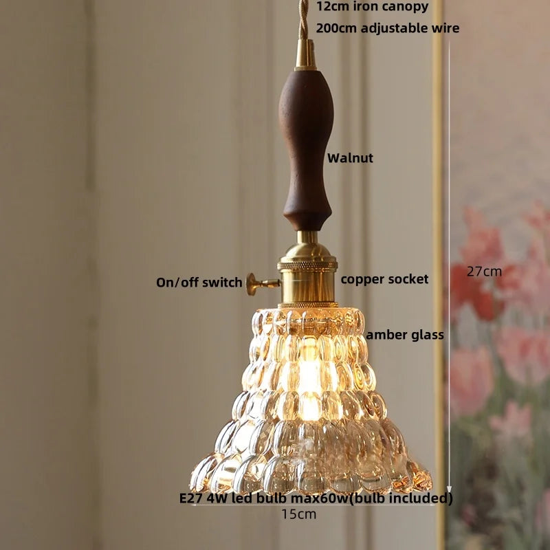 Decorbites™ Grüne Glas LED Hängelampe | Modern Nordisch Holz Walnuss | Messingknopf-Schalter | Hängelicht