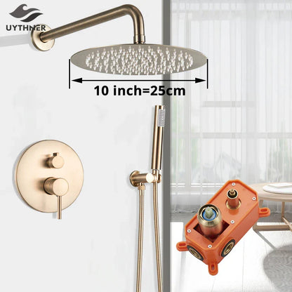 DecorBites™ Gold Shower Faucet with Rainfall Head and Hand Sprayer - Wall Mount Mixer Set
