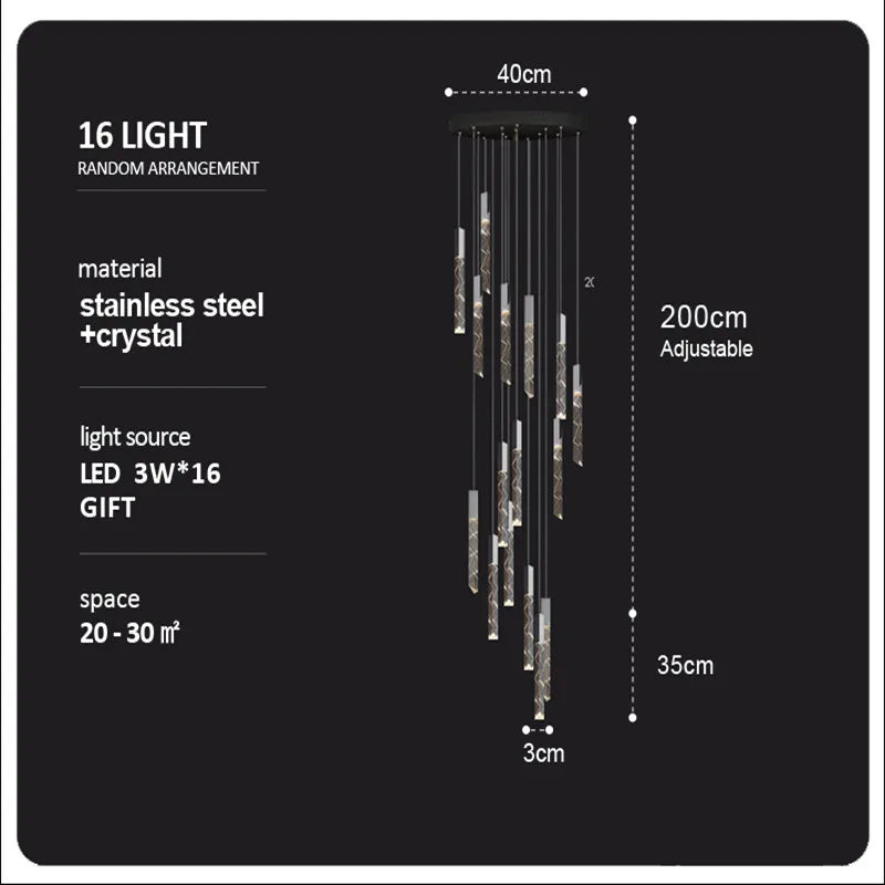 Lámpara de araña LED DecorBites™ Crystal Column: Lámpara colgante de lujo para escaleras, iluminación moderna para la decoración del hogar