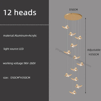 DecorBites™ Butterfly Chandelier Staircase Suspended Loft Pendant Light for Living Room & Hallway