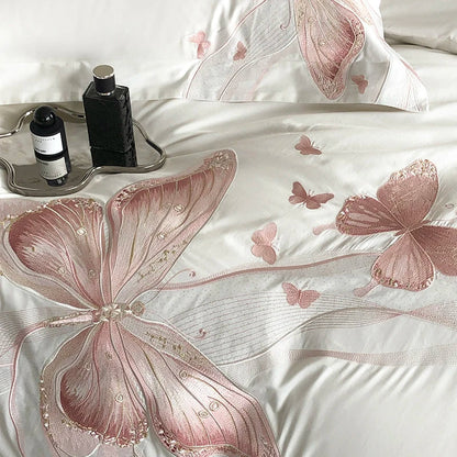 Decobites White Luxury Butterfly Embroidery Bedding Set - Queen King Size