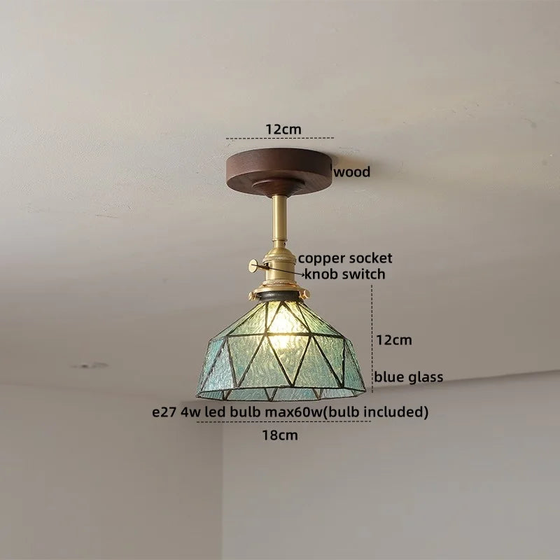 Green Glass Ceiling Lamp Copper Wood Accent