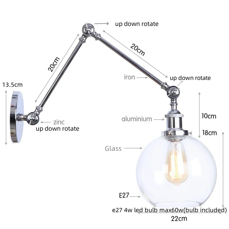 DecorBites™ Chrome Industrial LED Wall Sconce Swing Arm Clear Glass Lamp
