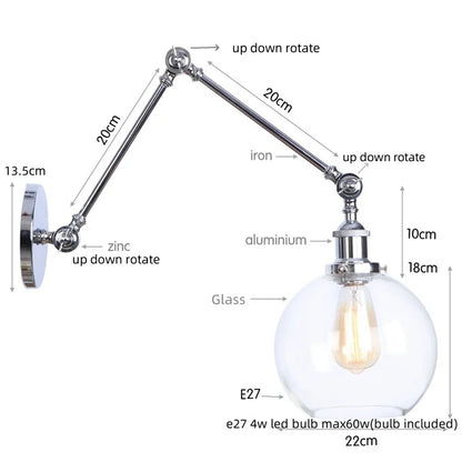 DecorBites™ Chrome Industrial LED Wall Sconce Swing Arm Clear Glass Lamp