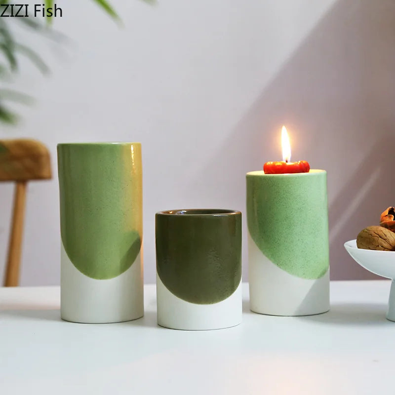 DecorBites™ Green Cylinder Candle Holder Set for Romantic Home Decor
