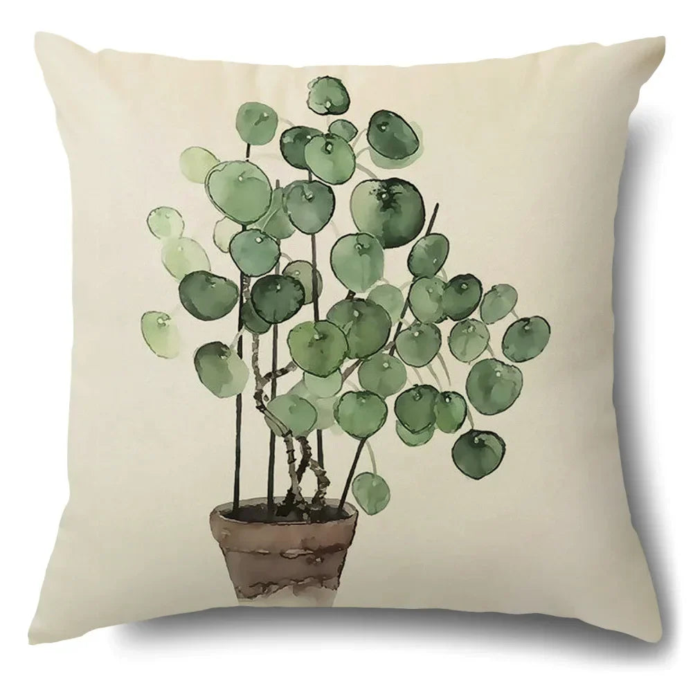 Funda de cojín decorativa DecorBites™ con diseño de hojas verdes - Funda de cojín para sofá de estilo sencillo en algodón y lino