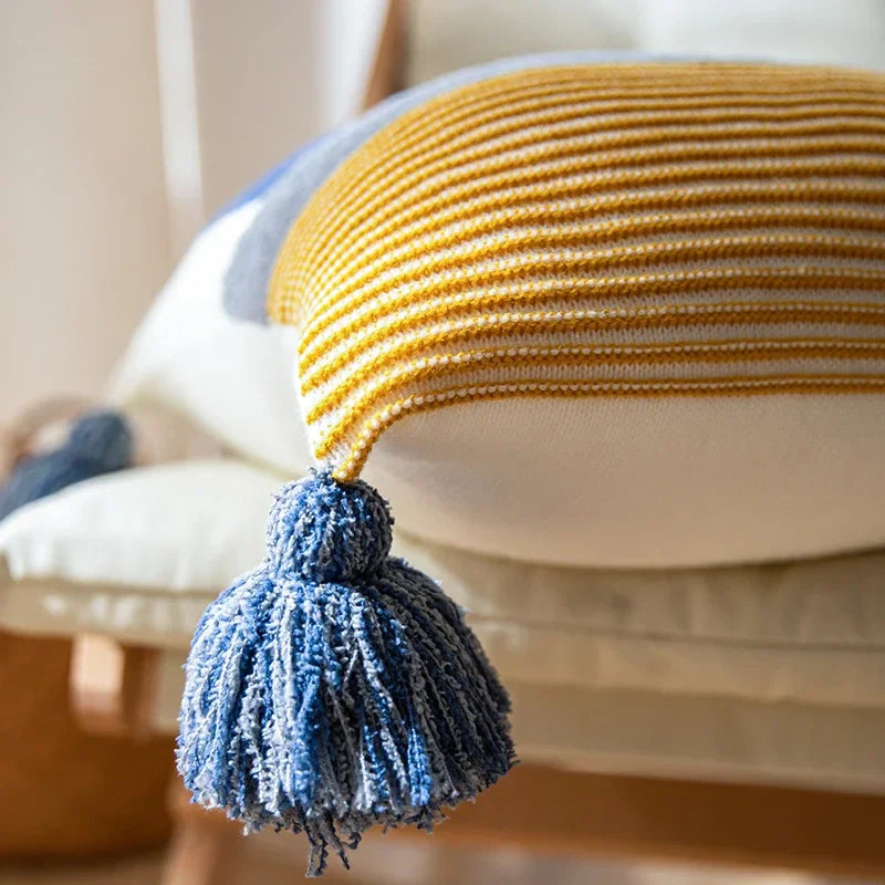 DecorBites™ Knit Stripe Pillow Cover Blue Pink Tassles 45x45cm Soft Living Room Bedroom