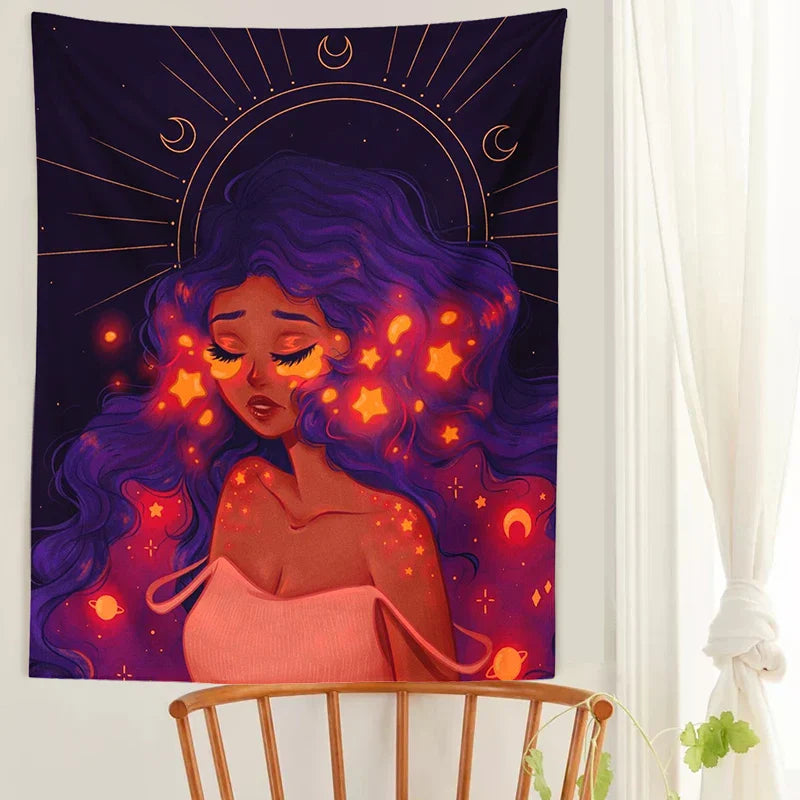 Decobites Moonlit Girl Tapestry: Luminous Sky Boho Wall Decor