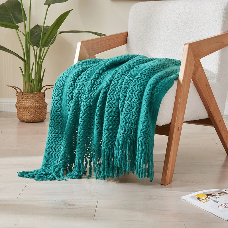 DecorBites™ Knitted Tassels Blanket: Cozy Solid Color for Sofa, Bed, or Homestay