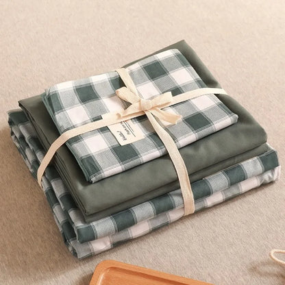 DecorBites™ Japanese Grid Printed Cotton Bedding Set in Queen/King for Cozy Sleep