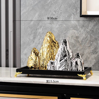 DecorBites™ Ceramic Mountain Sculpture Decor - Golden/Silver Landscape Ornament