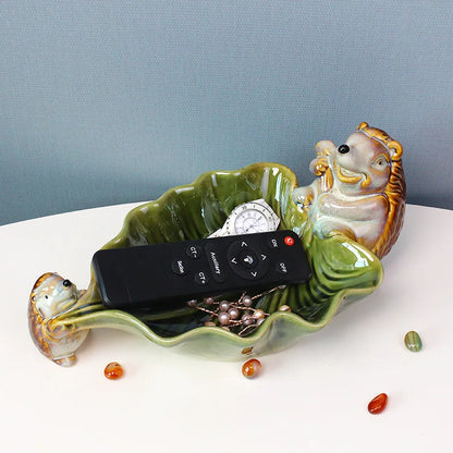 DecorBites™ Hedgehog Ceramic Fruit Plate: Handcrafted Animal Jewelry Tray & Storage Container