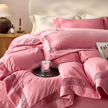 Luxury Gold Velvet Lace Duvet Bedding Set by Decobites, Cozy Furry Winter Collection