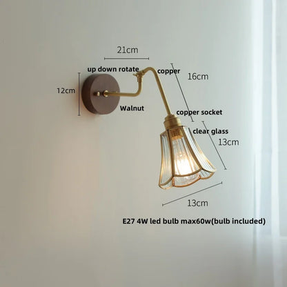 DecorBites™ Clear Glass LED Wall Sconce Pull Chain Switch Rotate Arm Walnut Wood Stair Light
