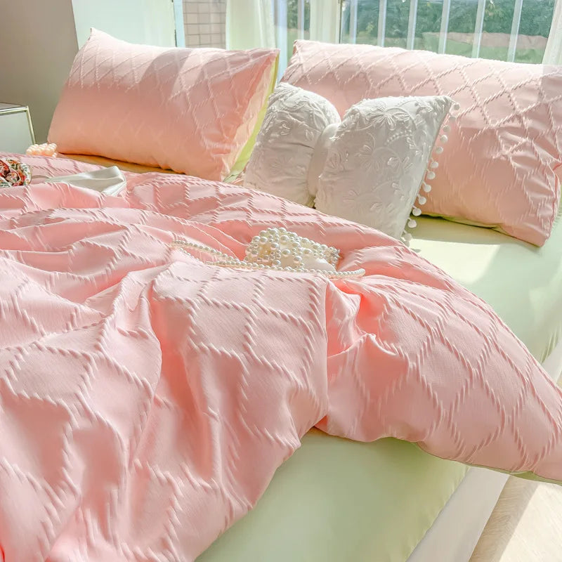 DecorBites™ Diamond Grid Jacquard Bedding Sets: Cooling, Soft Duvet Cover for Summer & Autumn