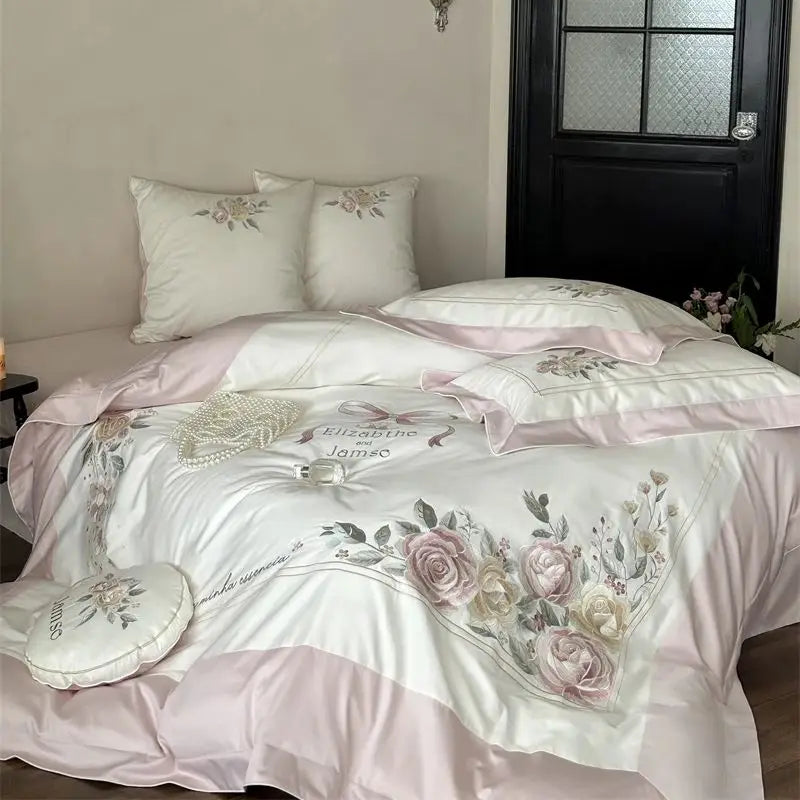 Decobites Peony Flowers Embroidery Princess 1000TC Egyptian Cotton Bedding Set 4Pcs