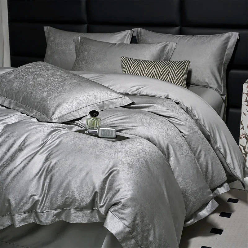 Decobites Luxury Grey Jacquard Cotton Bedding Set with Silky Duvet Cover and Pillowcases