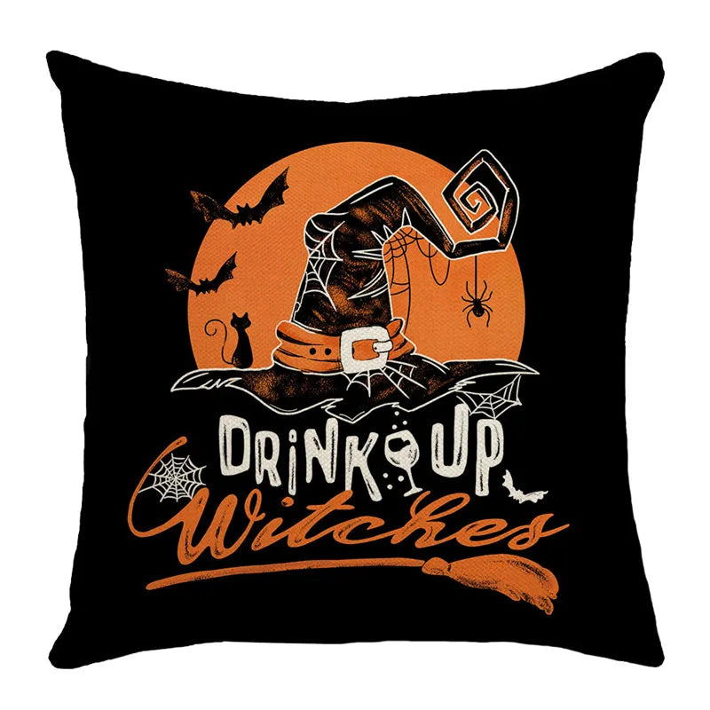 Decorbites™ Halloween-Kissenbezug-Set – Festive Bezüge für Sofakissen mit Druck von Kürbis, Katze und Hexenhut.