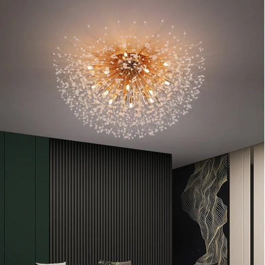 DecorBites™ Golden Dandelion Crystal Chandelier: Warm Nordic LED Ceiling Lamp for Romantic Living Room.
