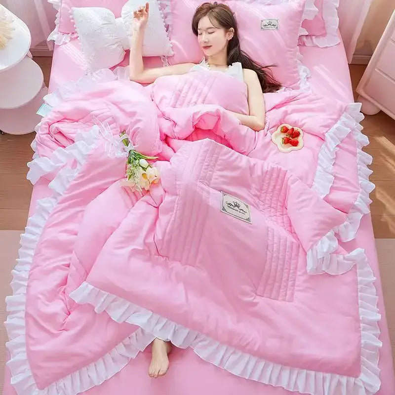 DecorBites™ Korean Princess Ruffles Embroidered Quilt Set