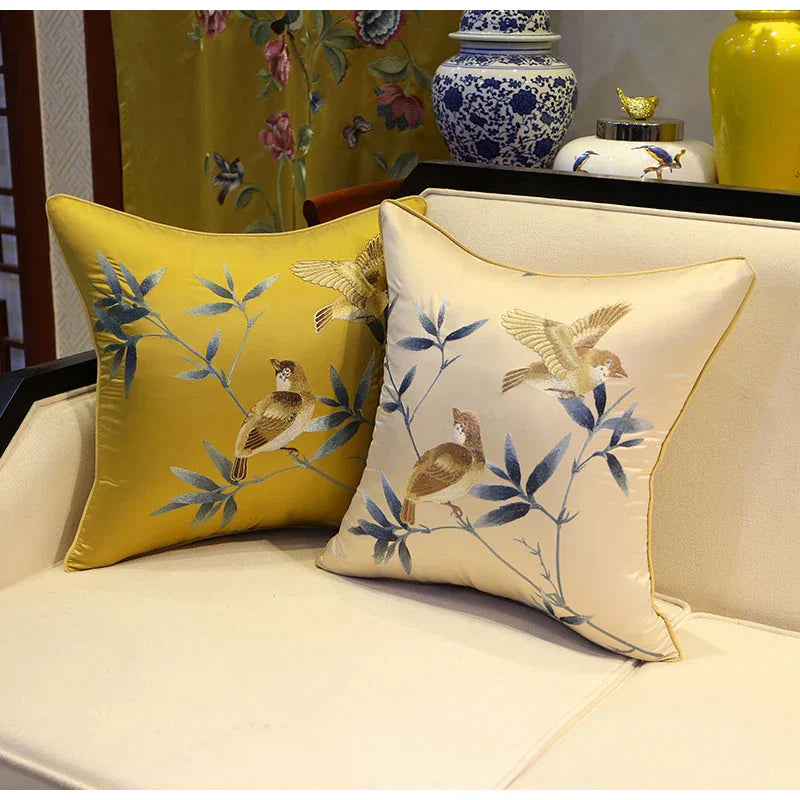 DecorBites™ Birds Branches Embroidered Pillow Covers - Chinoiserie Style Chic Interiors