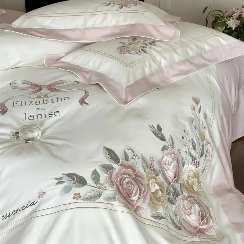 Decobites Peony Flowers Embroidery Princess 1000TC Egyptian Cotton Bedding Set 4Pcs