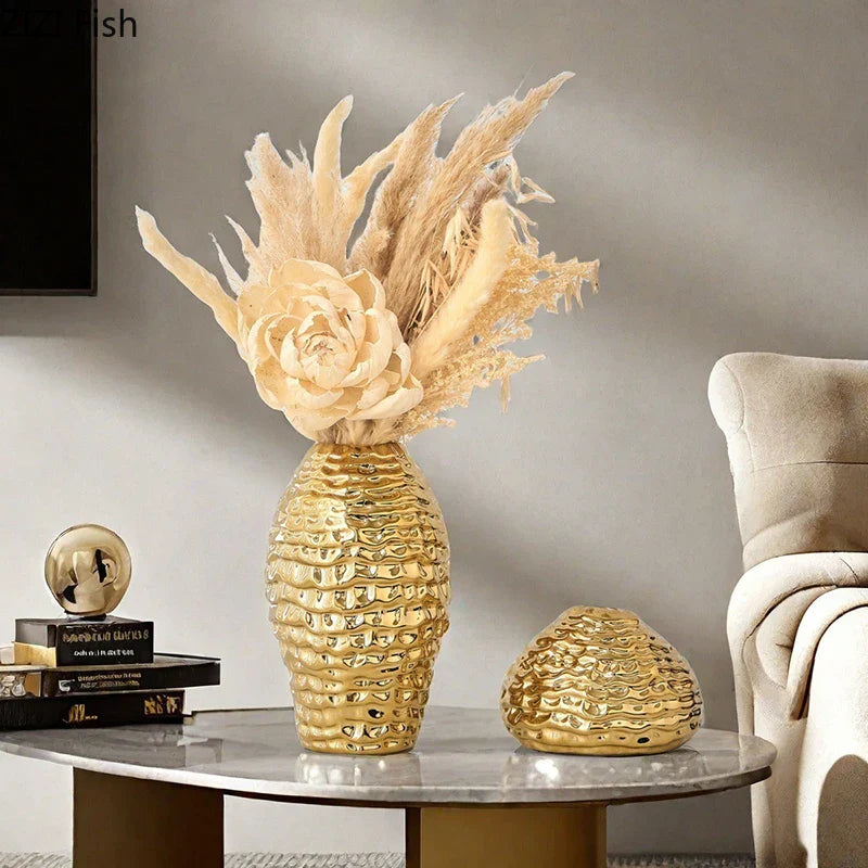 DecorBites™ Golden Wrinkle Ceramic Vase - Desk Decoration, Gold-plated Floral Pots for Aesthetic Room Decor