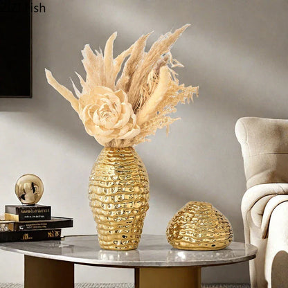 DecorBites™ Golden Wrinkle Ceramic Vase - Desk Decoration, Gold-plated Floral Pots for Aesthetic Room Decor