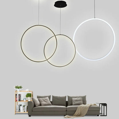 DecorBites™ LED Ring Chandelier: Minimalist Black Circle Pendant Light for Living Room Lighting