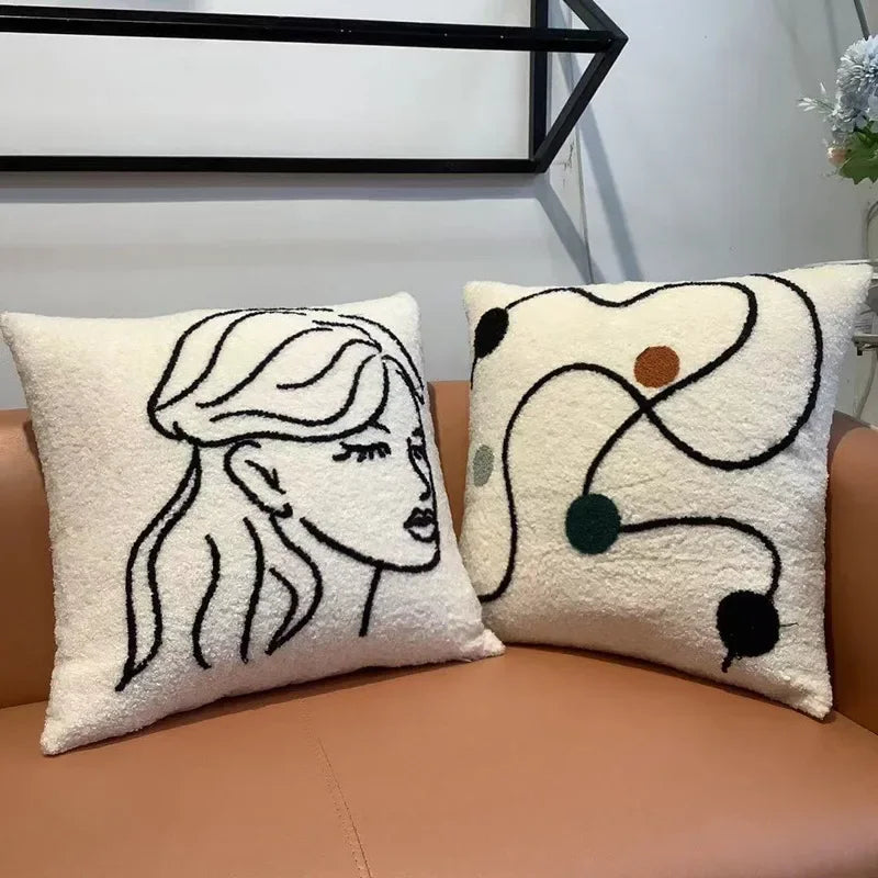 Funda de cojín bordada con rostro de lana de cordero Decorbites™ 45x45 - Beige Blanco Arte Abstracto